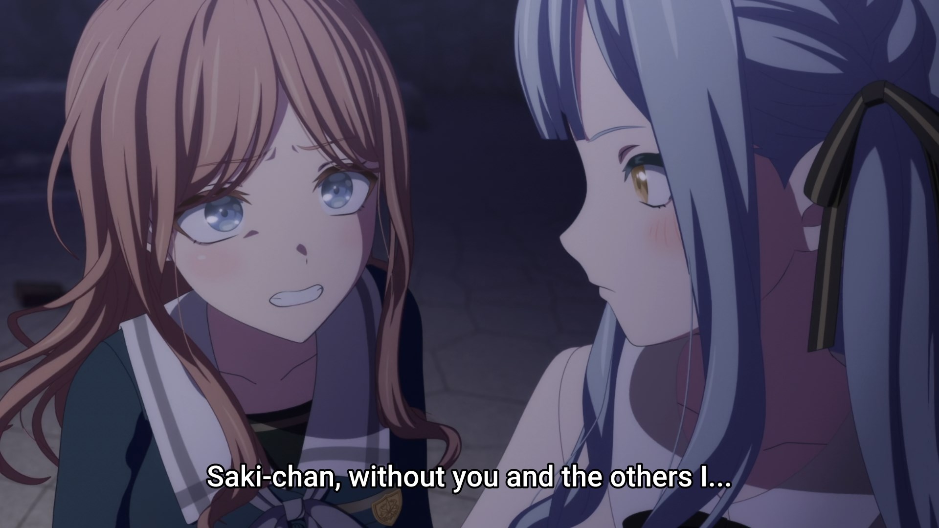 Soyo tearfully tugging on Saki's arm, imploring she needs her and the others.